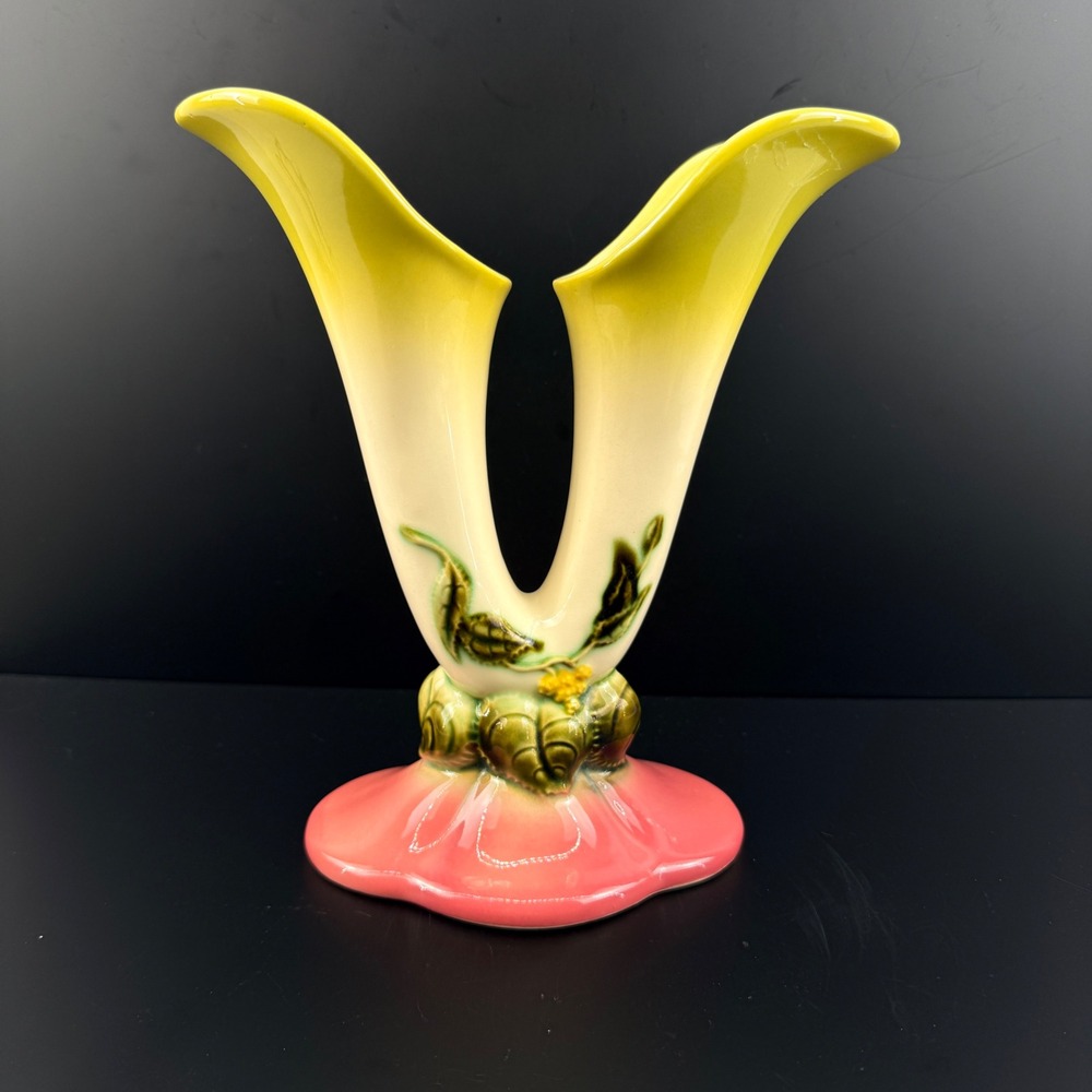Hull Pottery Wildflower Double Cornucopia Vase W15-8.5 Pink Yellow Green MCM